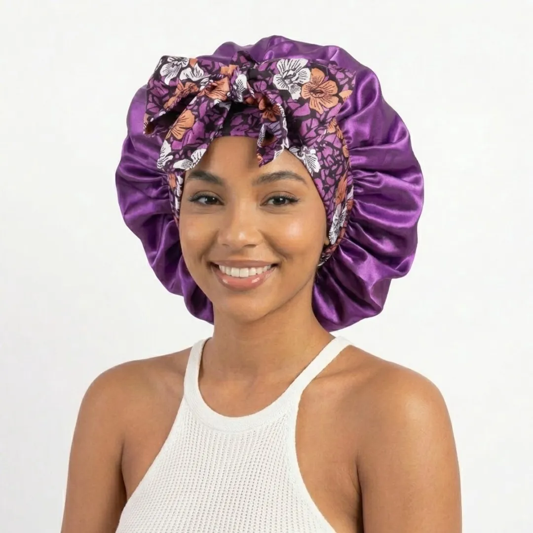 NUVEX Paars Satin Haarbonnet met Bloemenprint - Dames