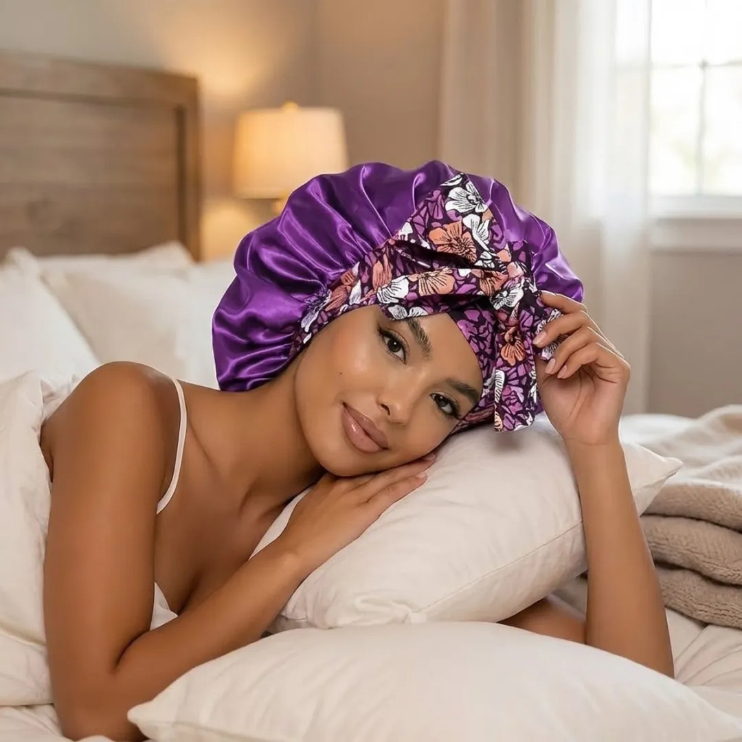 NUVEX Paars Satin Haarbonnet met Bloemenprint - Dames