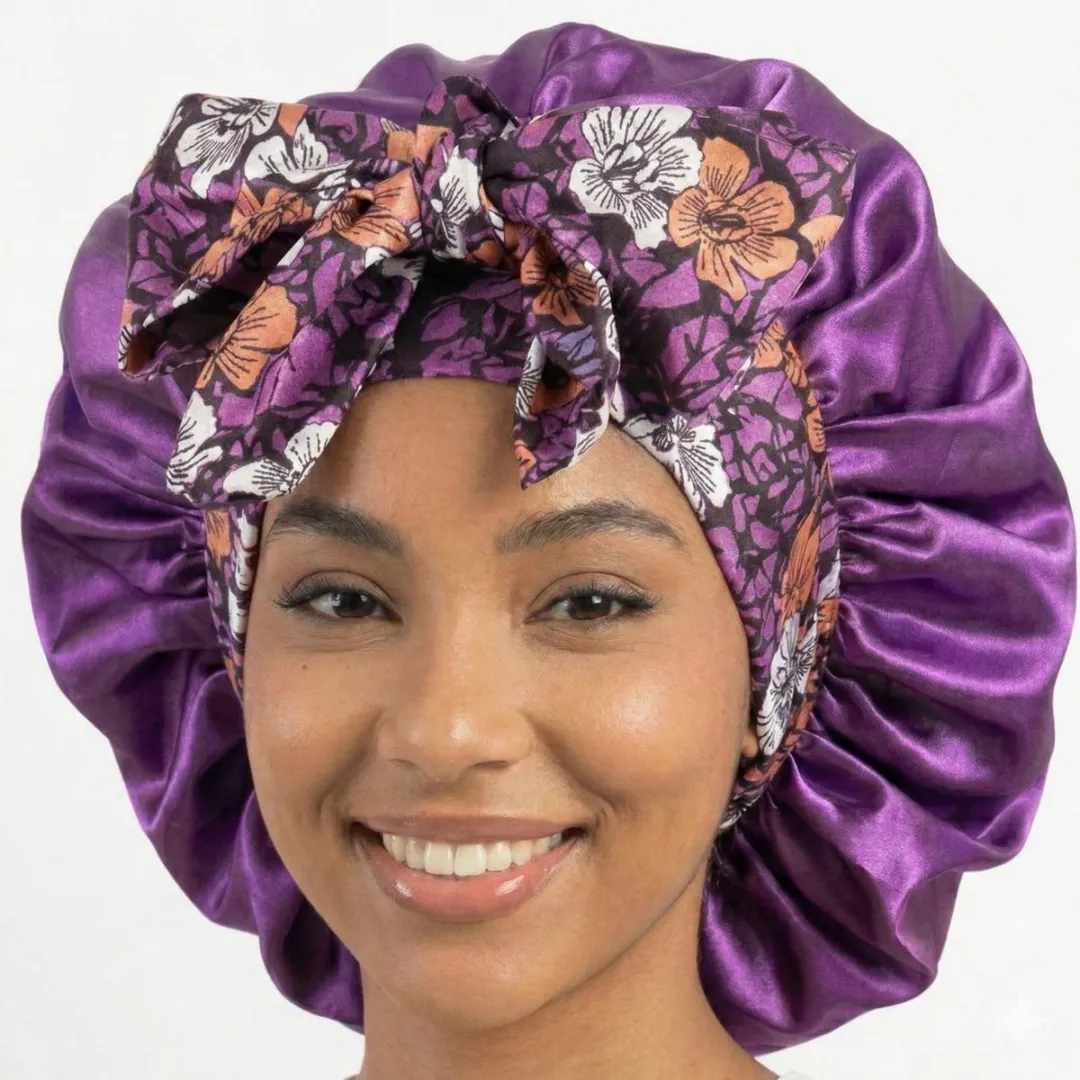 NUVEX Paars Satin Haarbonnet met Bloemenprint