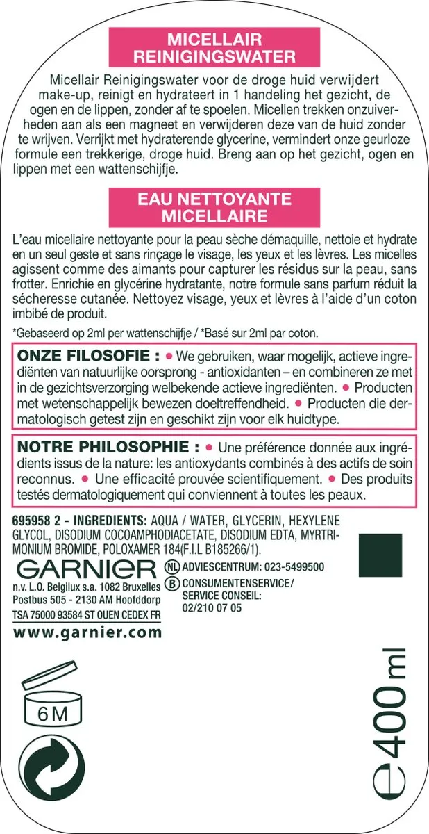 Garnier SkinActive Micellair Reinigingswater 400ml - 2400ml (6x400ml)