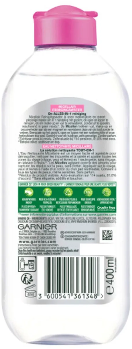 1 x Garnier - SkinActive - Micellair Reinigingswater - Gevoelige Huid - Milde Reiniging & Make-Up Remover - 400 ml - Gevoelige Huid - Micellair Reinigingswater - Make-up Verwijderen - Milde Reiniging - Oogmake-up Verwijderen