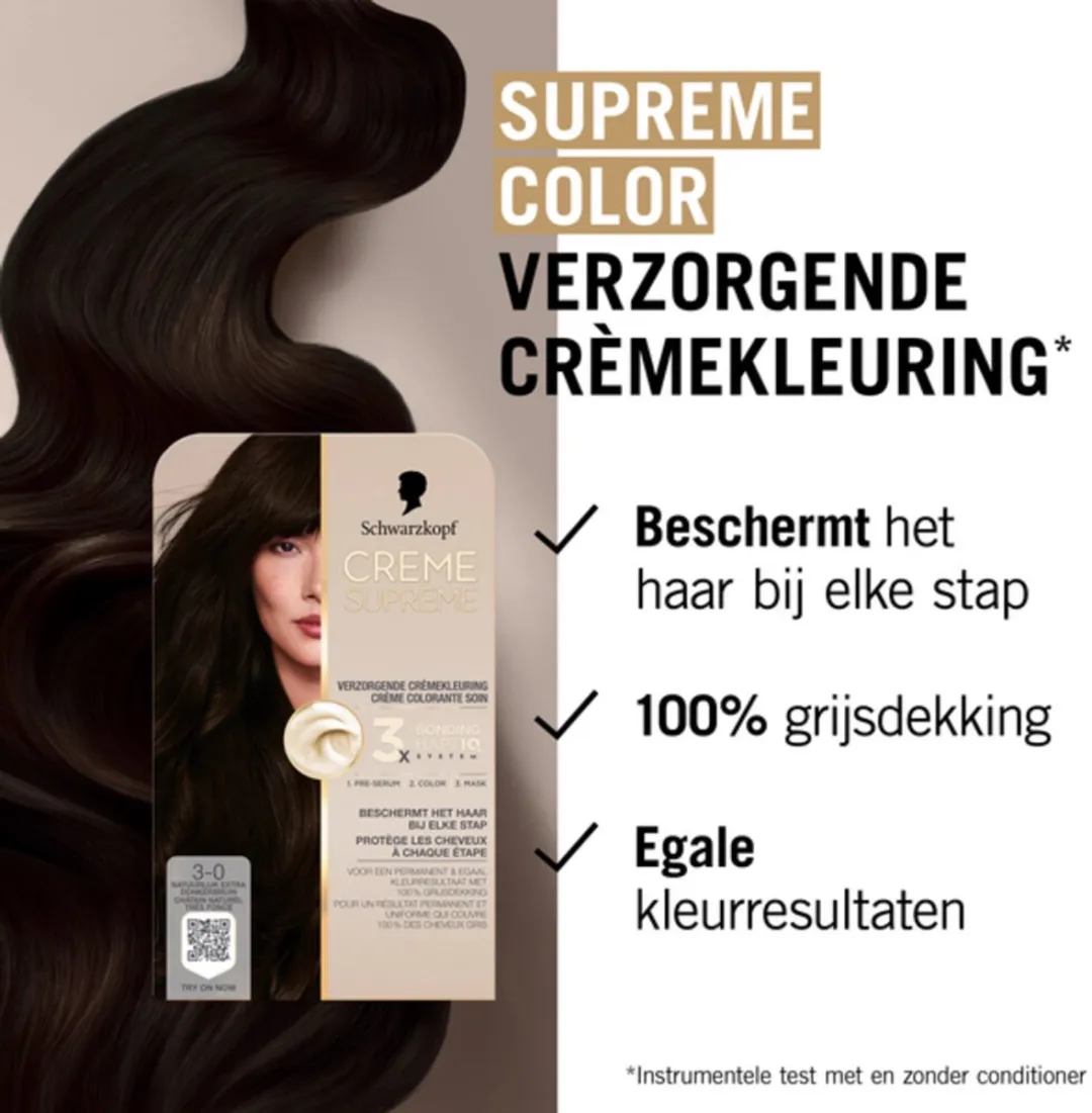 Schwarzkopf - Haarkleuring - Creme Supreme 3-0 - Natuurlijk Extra Donkerbruin - 245g - 1 stuk