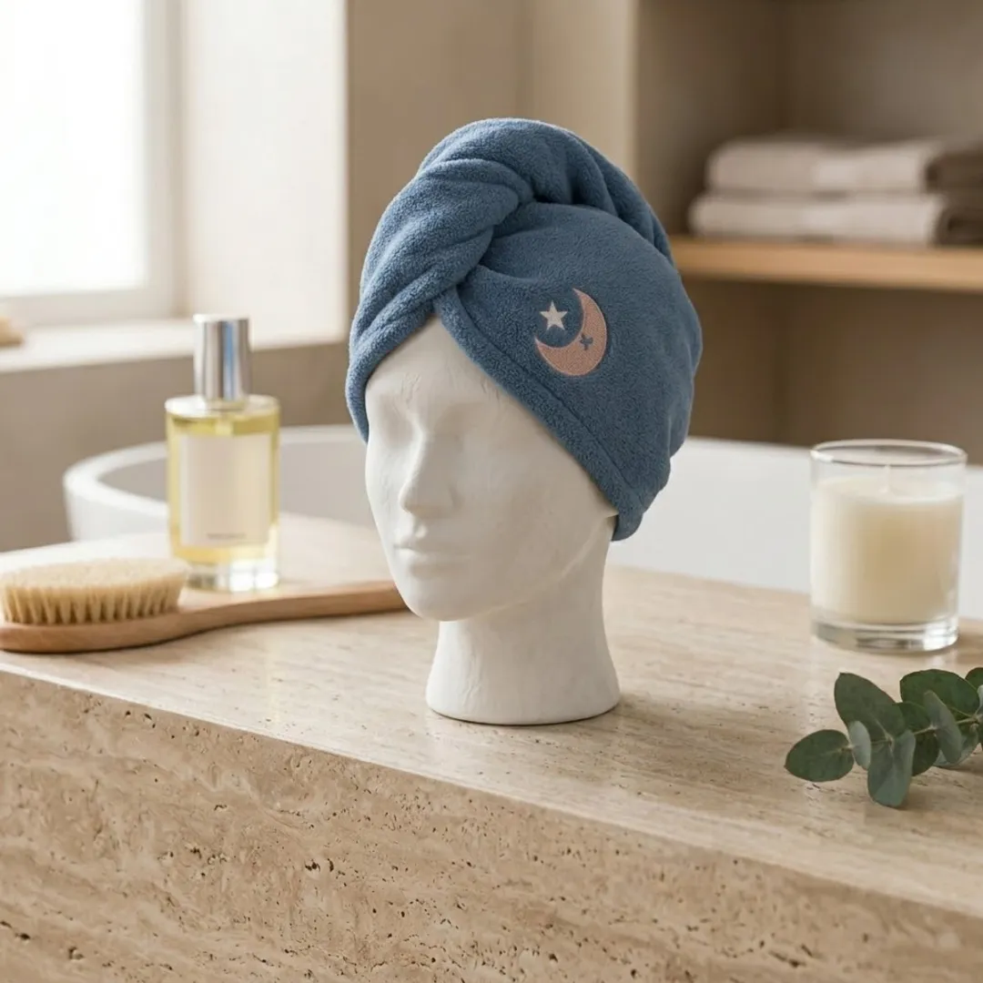 NuveX Blauwe Microvezel Haarhanddoek - Maan & Sterren - Knopsluiting
