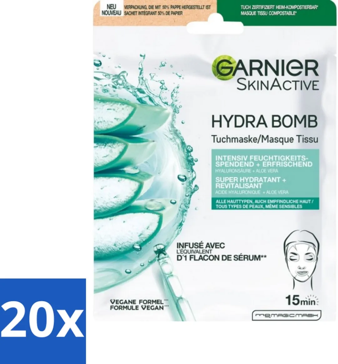 Garnier SkinActive Hydrabomb Tissue Maskers 20 Stuks - Hyaluronzuur & Aloe Vera
