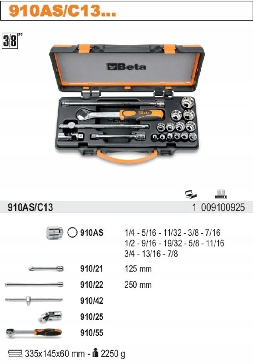 Beta 12-hoekige Doppenset 18-delig 3/8" - 1/4" tot 7/8"