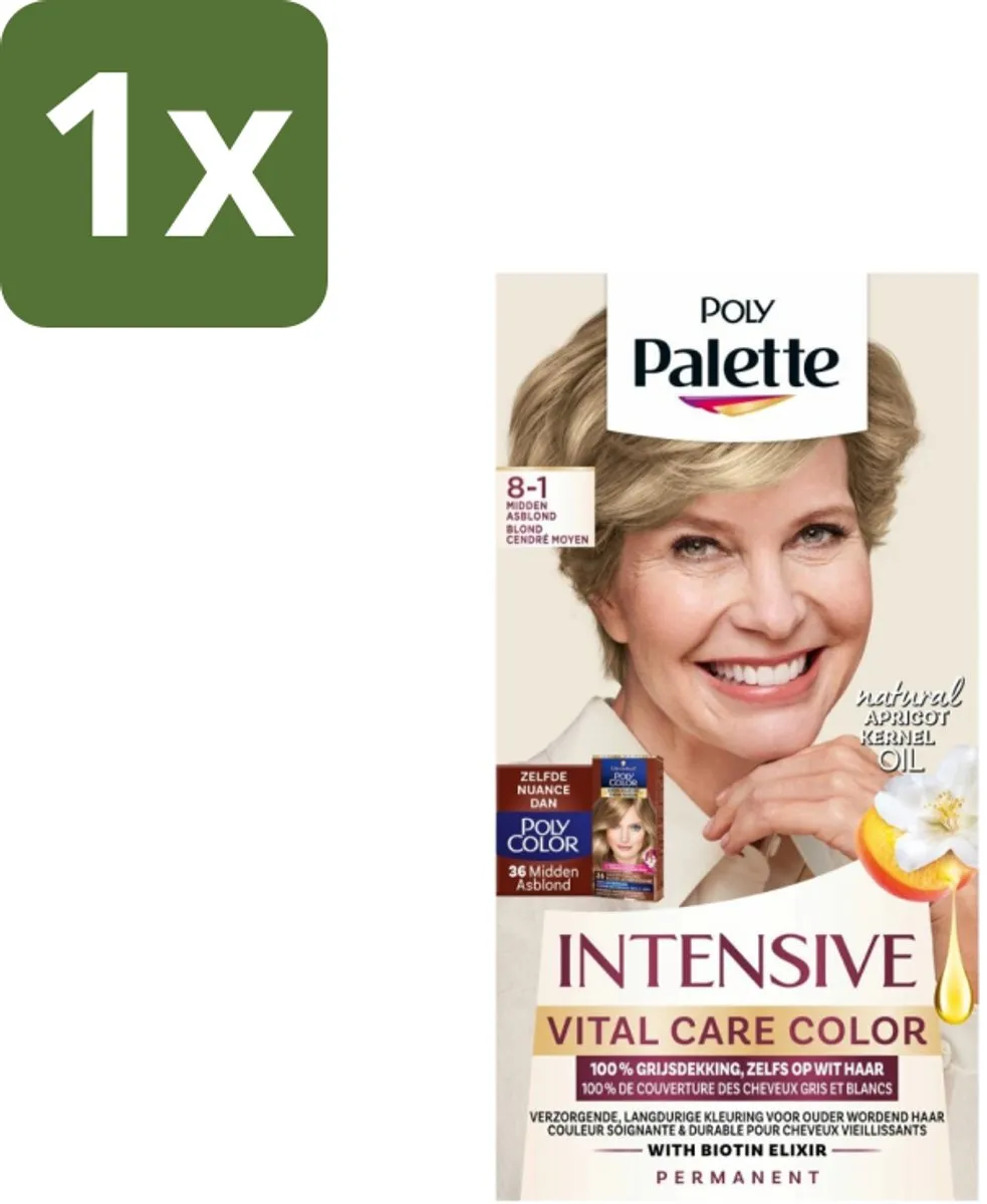 1 x Poly Palette – Haarverf – 8-1 Midden Asblond – 115 ml - Asblond - Grijsdekking - Natuurlijke Kleur - Koel Blond - Haarkleur