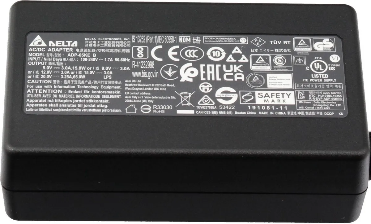 Acer KP06503020 USB-C Oplader 65W - Zwart