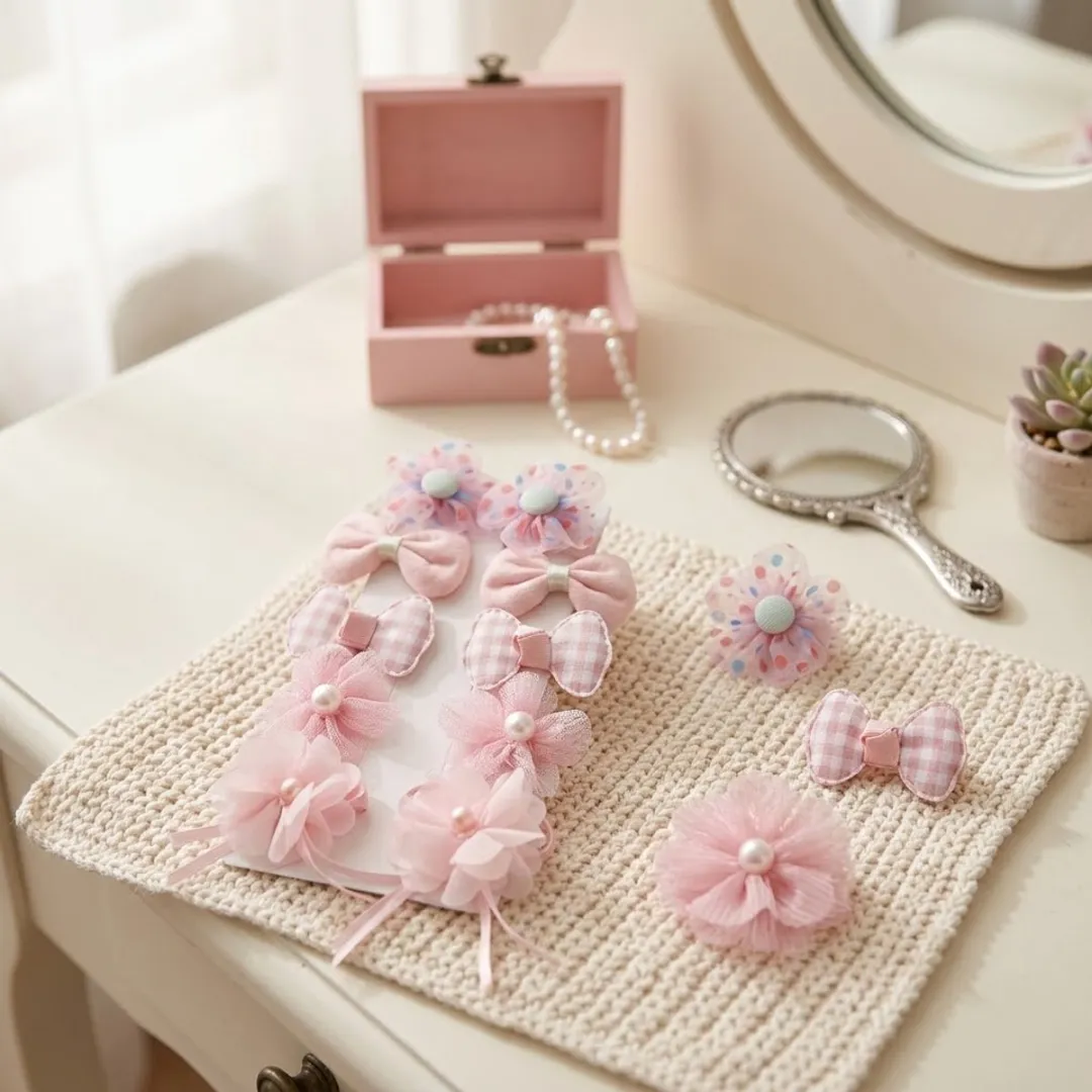 NuveX Roze Haarspeldjes Set - 8 Stuks - Strikjes & Bloemen met Parels