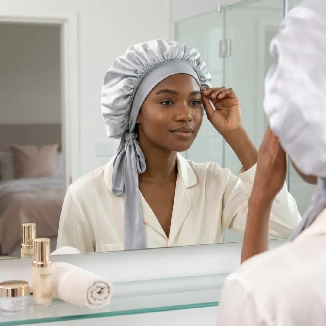NUVEX Zilverkleurige Satin Haarbonnet - Lang Haar/Krullen