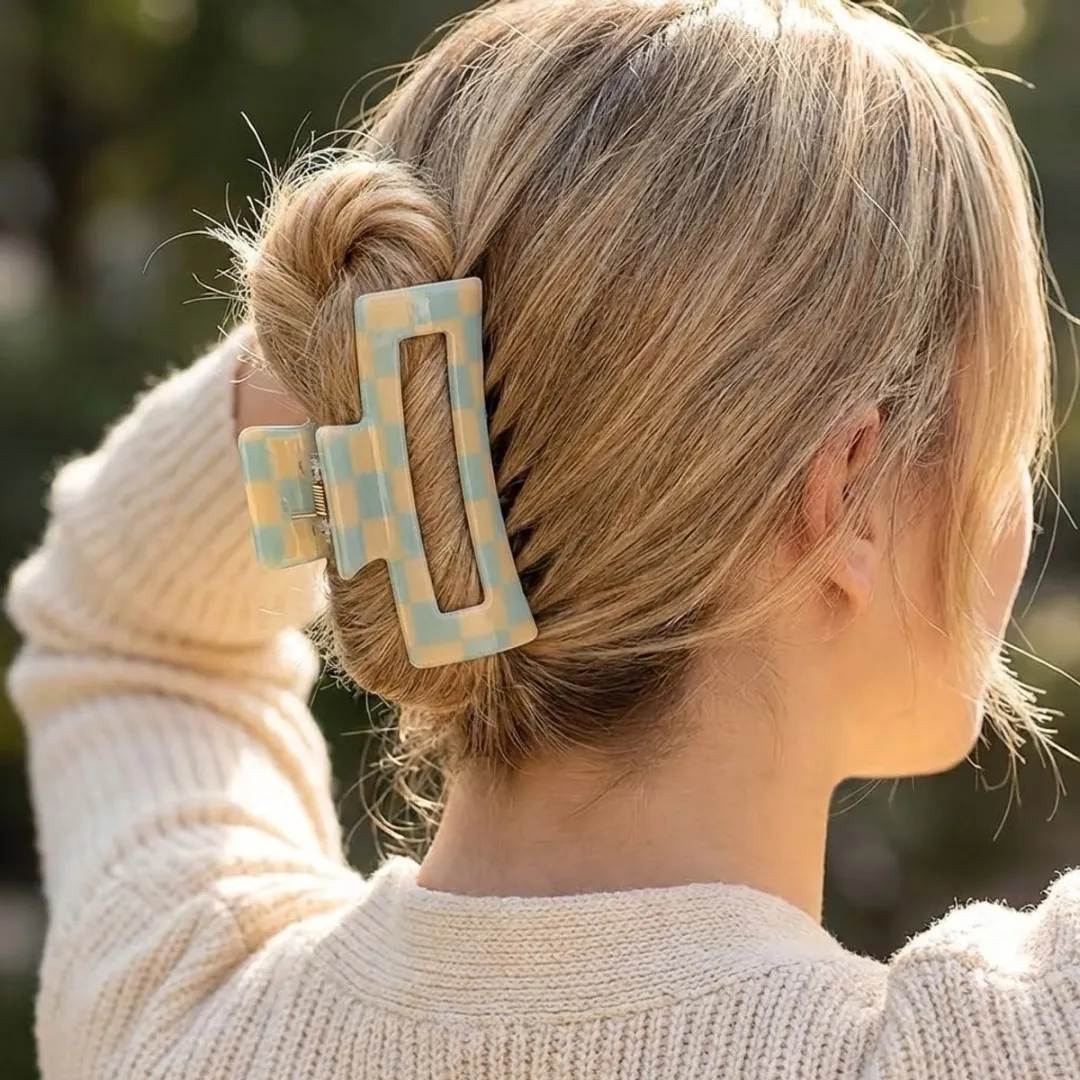 NuveX Ruitpatroon Haarclip Geel/Blauw - Stevige Grip
