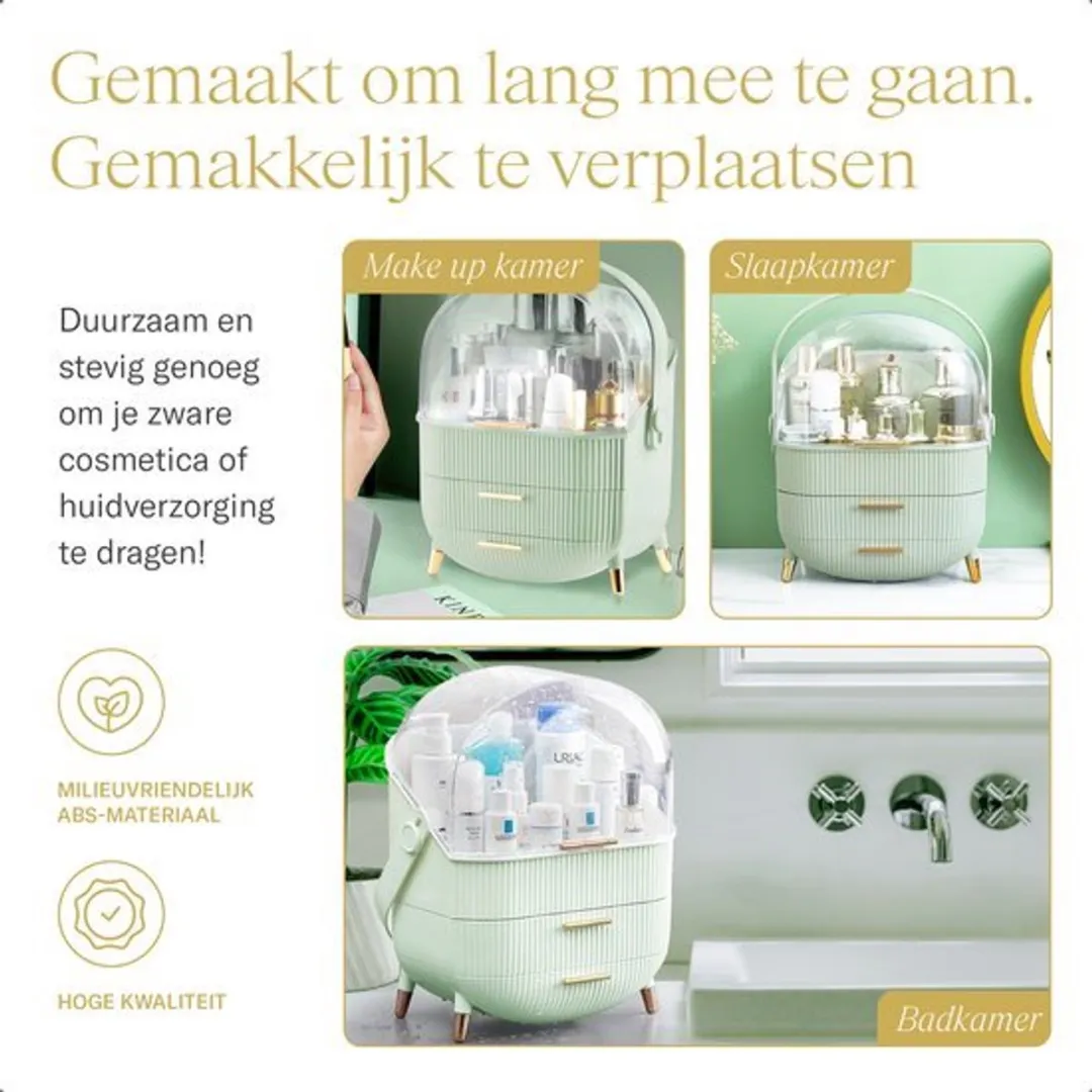 Morelia® Make-up Organizer met Lades en Transparant Deksel – Stof- en Waterdicht – 2 Lades –Mint Groen (Verkrijgbaar in 3 Kleuren)