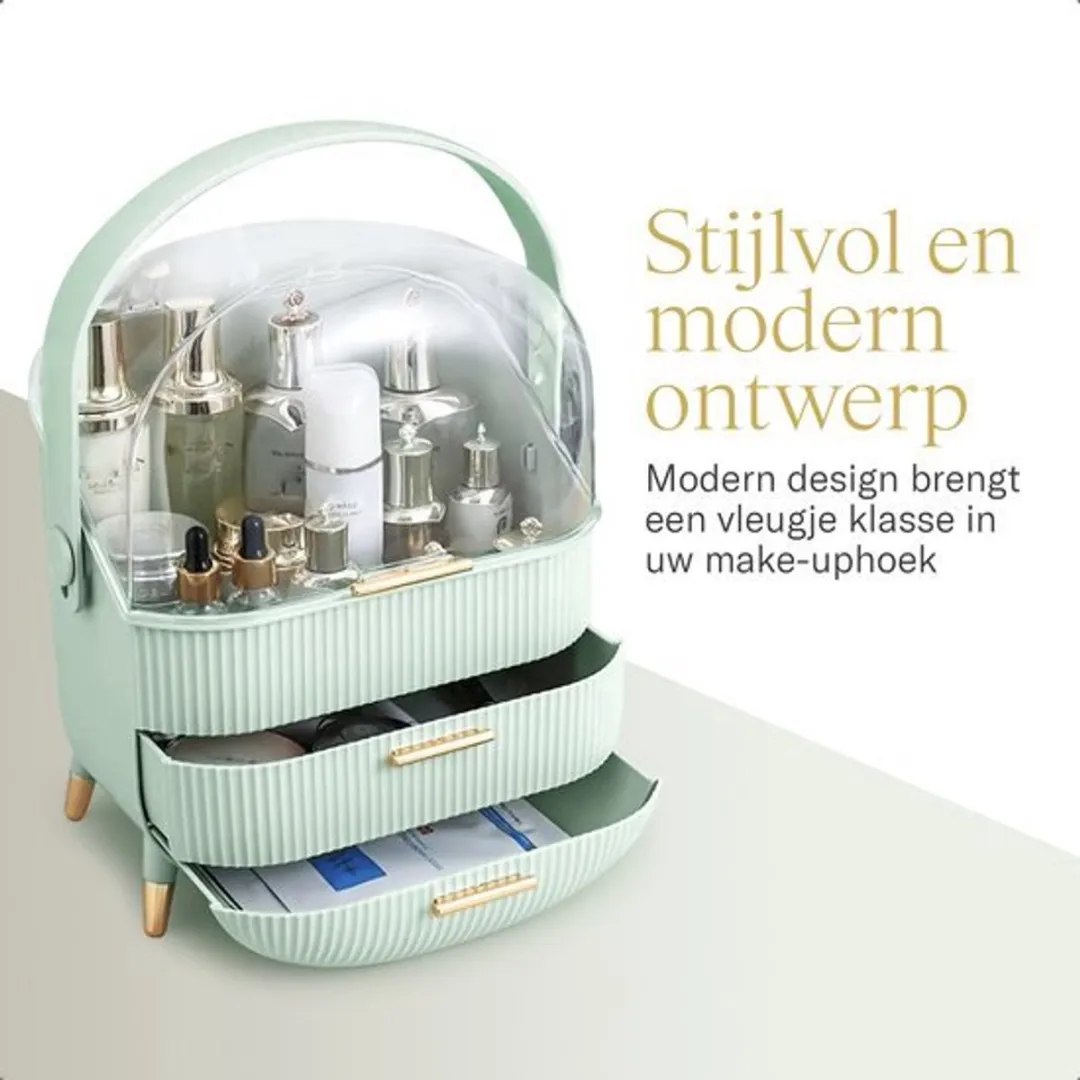 Morelia® Make-up Organizer met Lades en Transparant Deksel – Stof- en Waterdicht – 2 Lades –Mint Groen (Verkrijgbaar in 3 Kleuren)