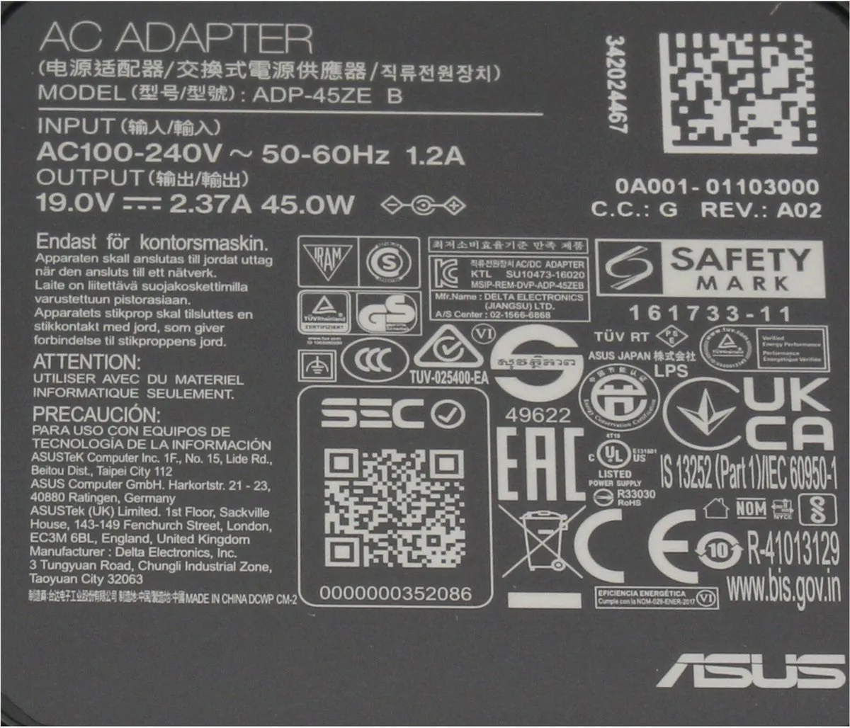 ASUS 0A001-01105000 Oplader 45W - Zwart