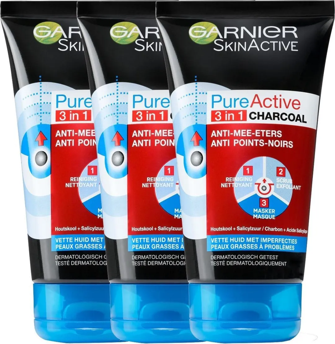 Garnier SkinActive PureActive 3in1 Gezichtsmasker Charcoal - 3x150ml