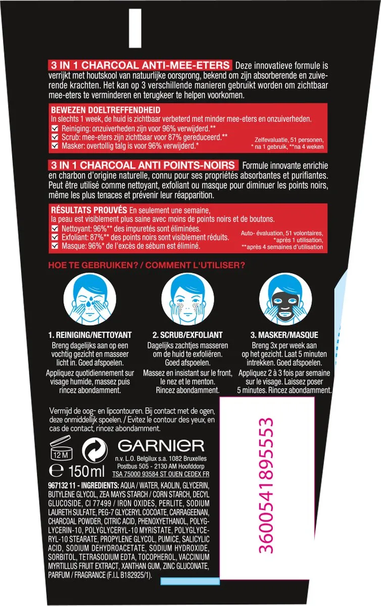 Garnier SkinActive PureActive 3in1 Gezichtsmasker Charcoal - 3x150ml - afbeelding 6 van 6