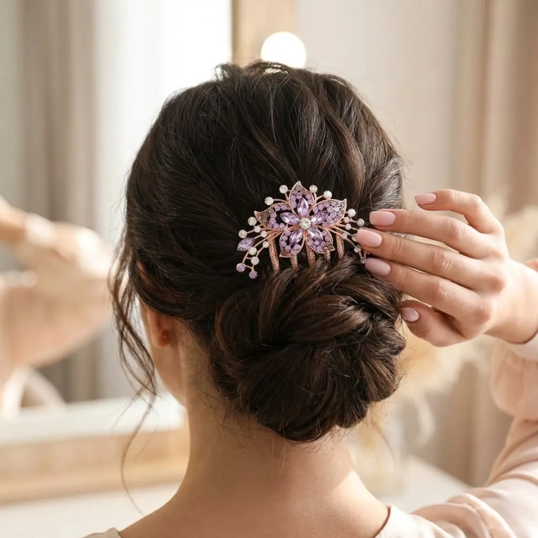 NUVEX Paarse Haar Kam met Strass Bloemdesign - Wit/Paars