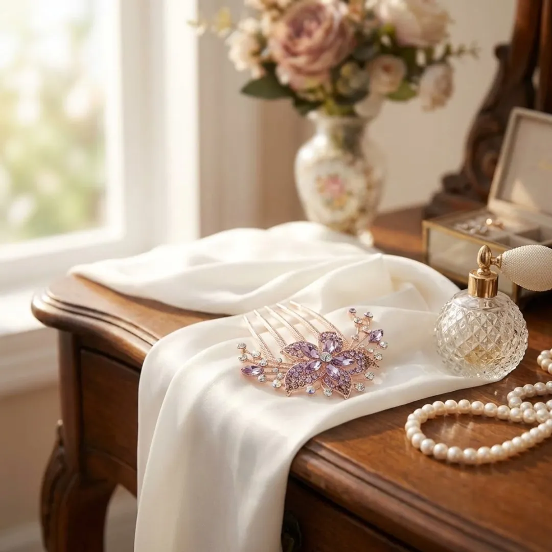 NUVEX Paarse Haar Kam met Strass Bloemdesign - Wit/Paars