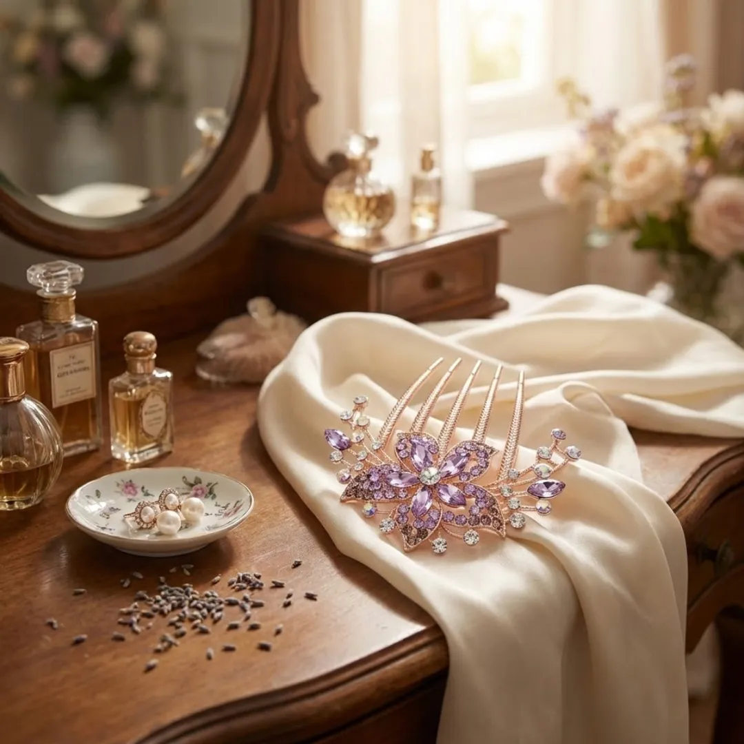 NUVEX Paarse Haar Kam met Strass Bloemdesign - Wit/Paars
