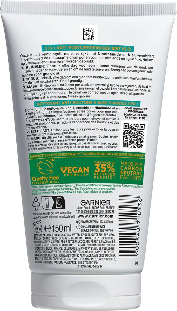 Garnier PureActive 3-in-1 Reiniging Scrub Masker 150ml