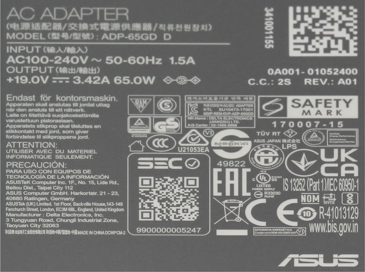 ASUS 0A001-00442700 Oplader 65W - Zwart