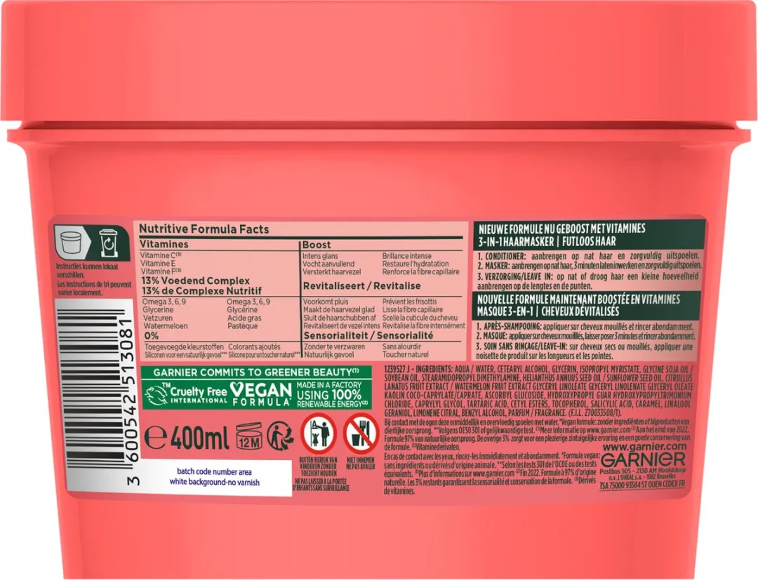 Garnier Fructis Hair Food Watermelon Haarmasker 3-in-1 - 6x400ml