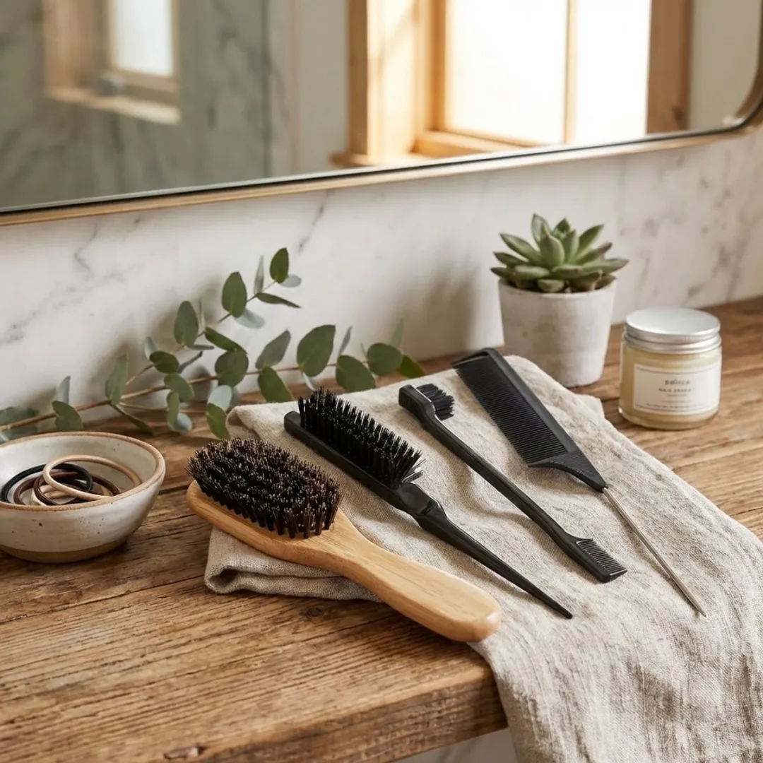 Houtkleurige baard borstel set heren unisex – 4 delige grooming set met baard borstel, styling borstel en kammen – haar en baard styling tools – geschikt voor salon en thuisgebruik