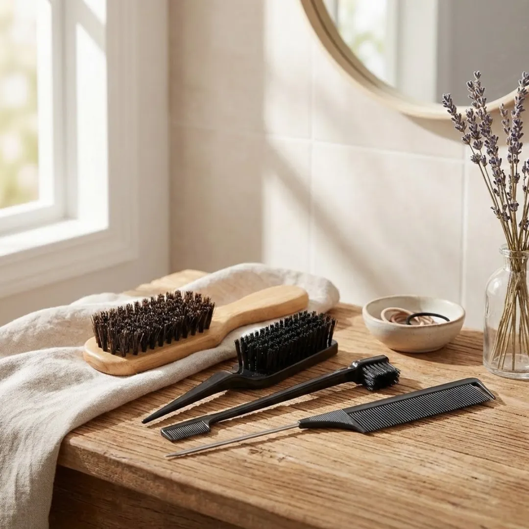 Houtkleurige baard borstel set heren unisex – 4 delige grooming set met baard borstel, styling borstel en kammen – haar en baard styling tools – geschikt voor salon en thuisgebruik