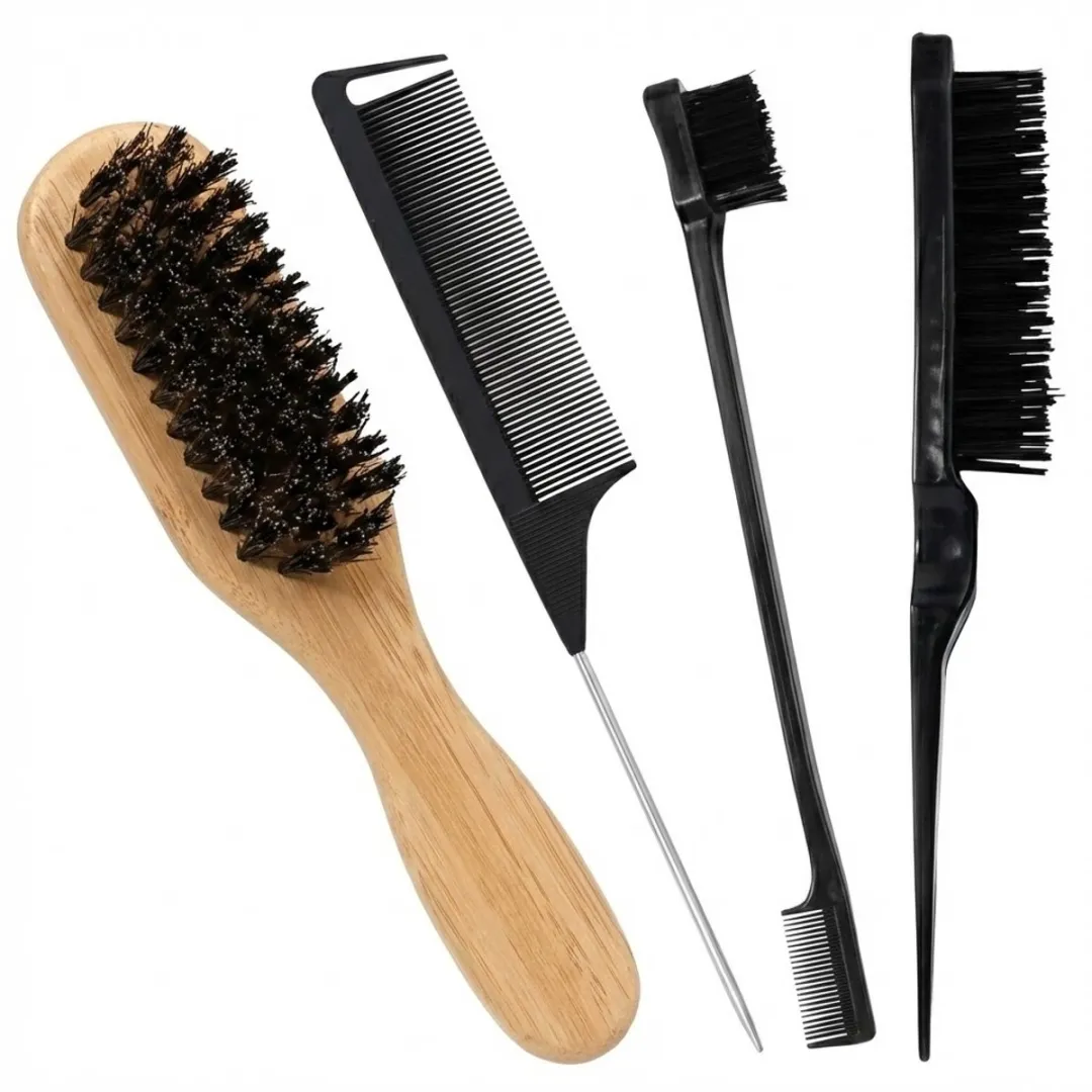 Houtkleurige baard borstel set heren unisex – 4 delige grooming set met baard borstel, styling borstel en kammen – haar en baard styling tools – geschikt voor salon en thuisgebruik