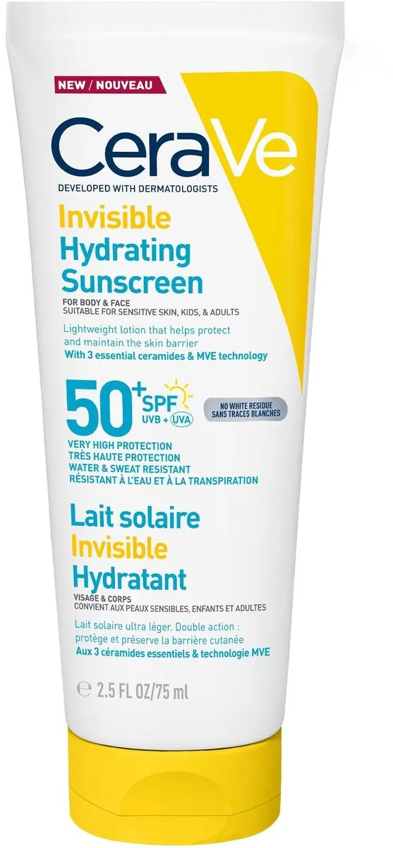 CeraVe Onzichtbare Hydraterende Zonnebrandcrème SPF50 - Met 3 Essentiële Ceramiden - Geschikt voor Alle Huidtypes - 75ml