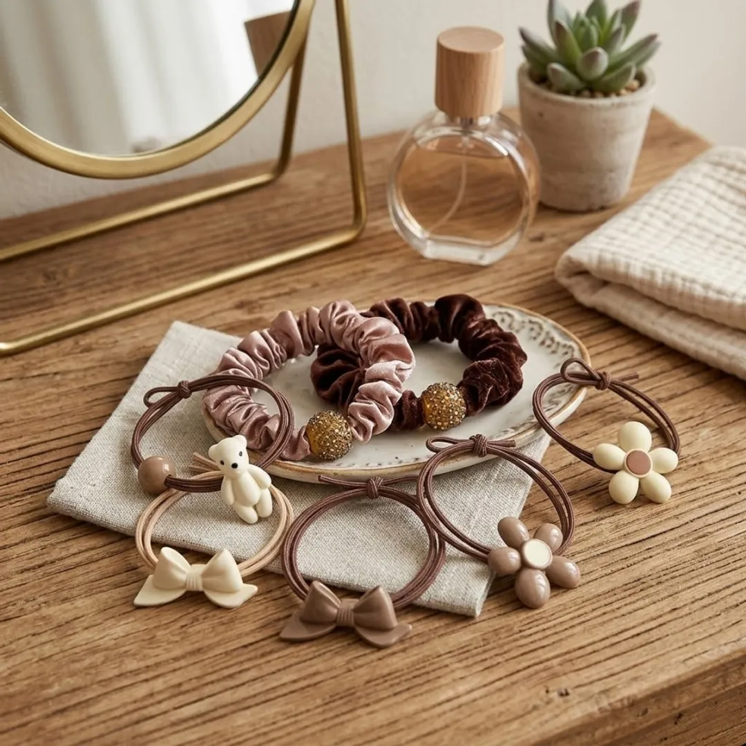 NuveX Haar Elastiekjes Set 7 Stuks - Bloem/Beer Details - Bruin/Beige/Roz
