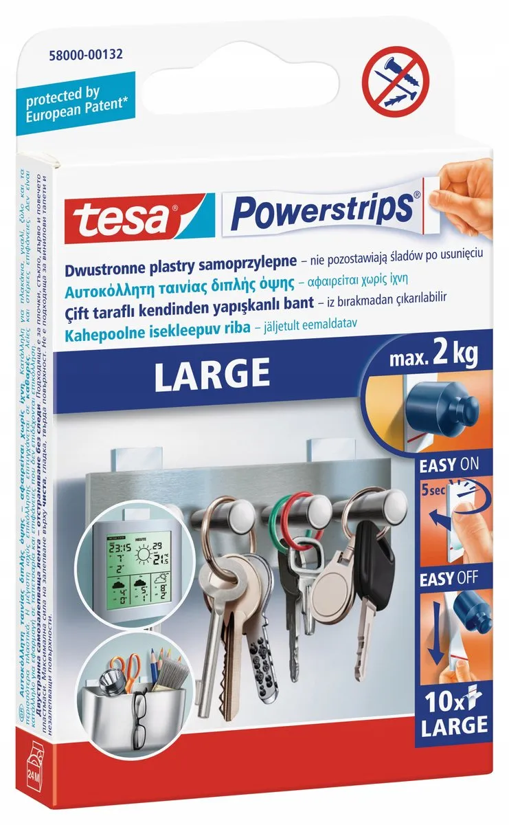 Tesa Powerstrips - Grote Zelfklevende Plakstrips - 2kg Capaciteit - Wit - 10 Stuks