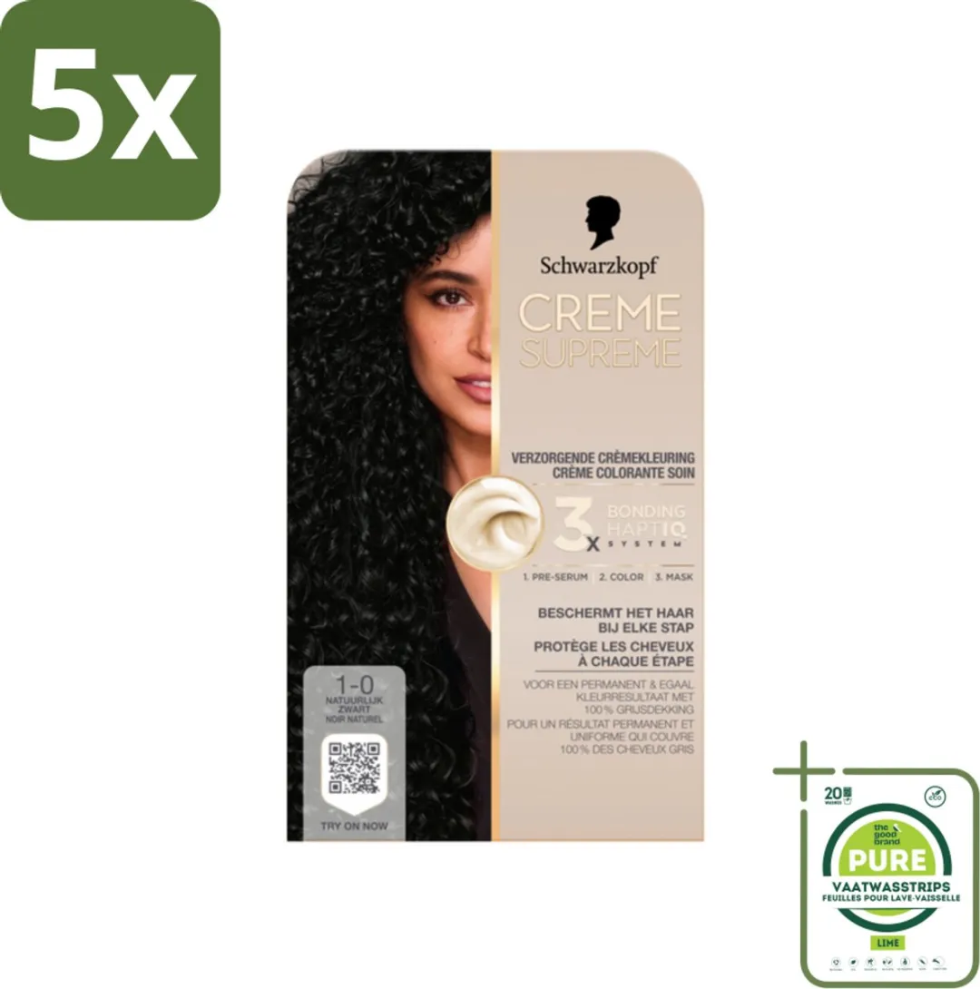 5 x Schwarzkopf - Haarkleuring - Creme Supreme 1-0 - Natuurlijk Zwart - 245g - Grootverpakking - Permanente Haarkleur - Zwart Haar - Grijsdekking - Haarkleur - Haarkleur Zwart