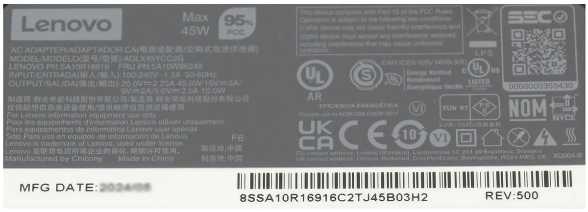 Lenovo 00HM665 USB-C Oplader 45W - Zwart