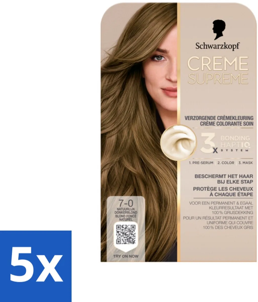 5 x Schwarzkopf - Haarkleuring - Creme Supreme 7-0 - Natuurlijk Donkerblond - 245g - Haarkleuring - Permanent - Donkerblond - Grijsdekking - Haarverf
