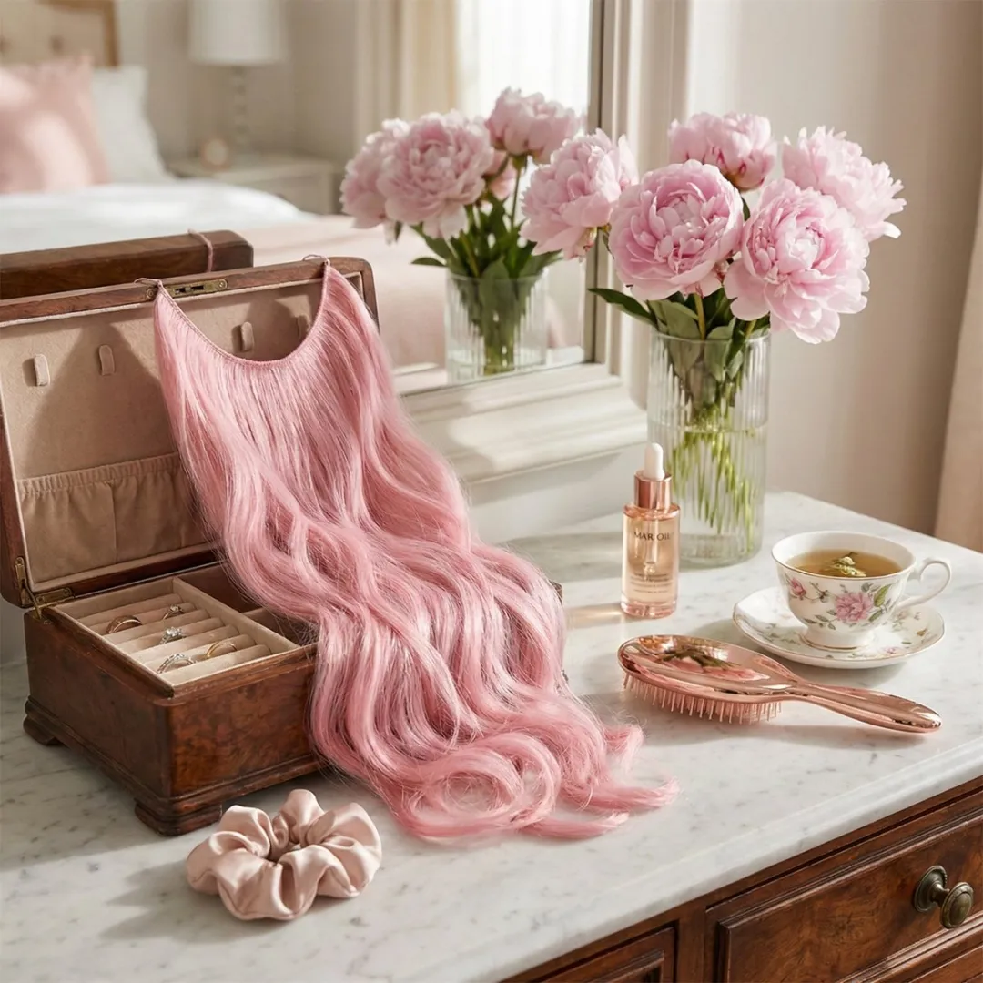 NuveX Pastelroze Clip-in Hairextensions Golvend Synthetisch - Lang