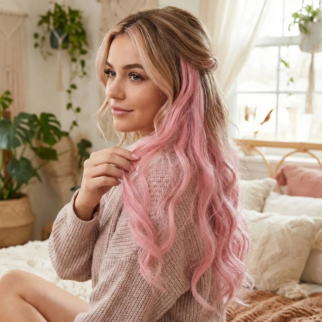 NuveX Pastelroze Clip-in Hairextensions Golvend Synthetisch - Lang