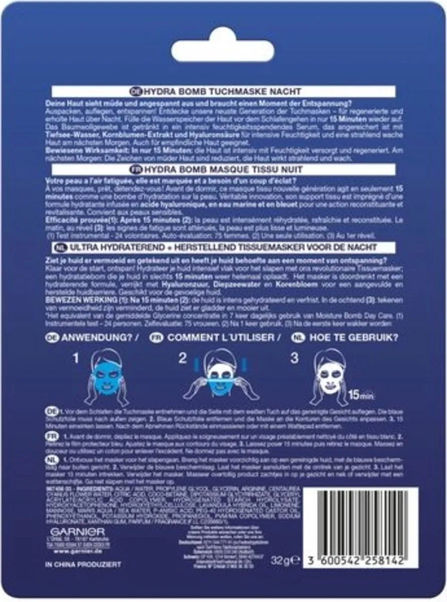 Garnier Tissue Mask Night SA28GR - 20ml - Blauw