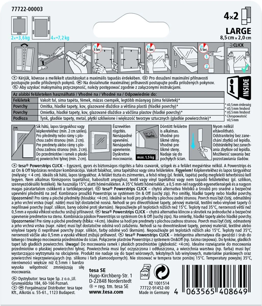 Tesa Powerstrips - Zelfklevende Klittenband - 4 Paar - Maat L