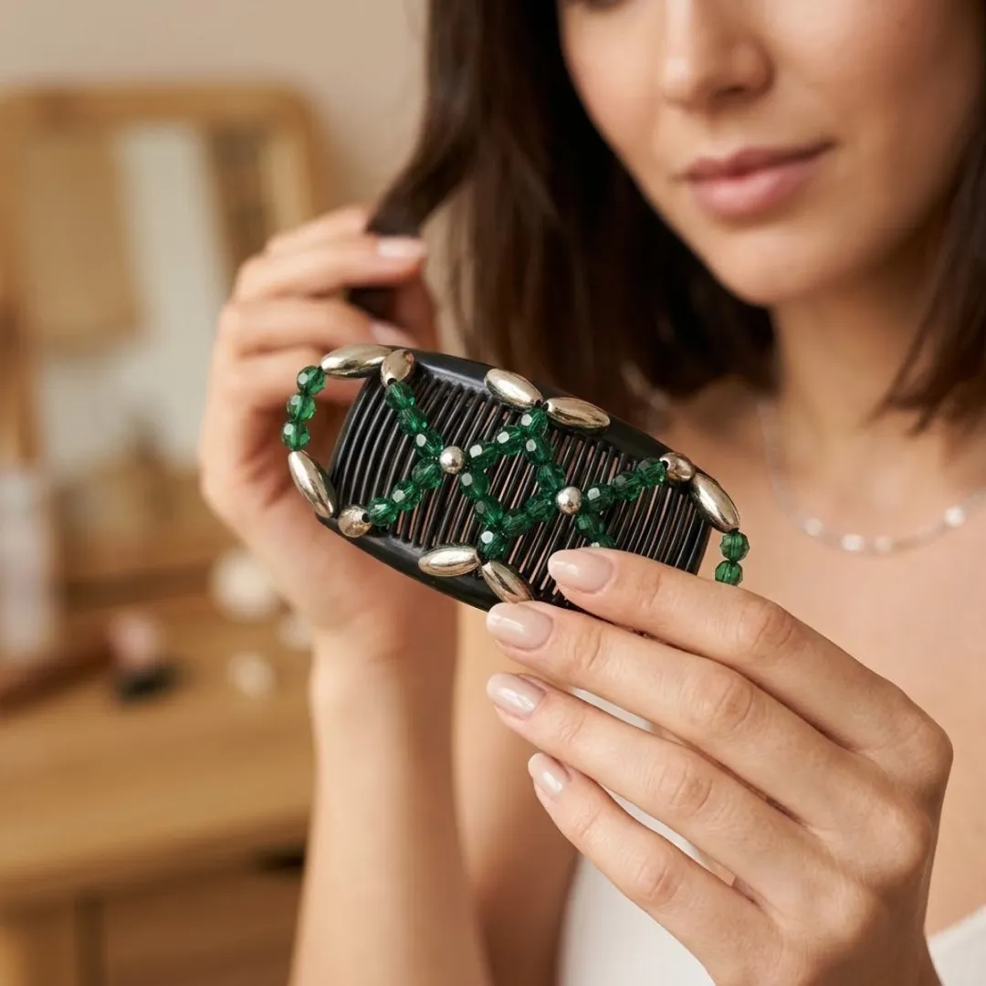 Magic hair clip – double comb – groen met zilver – elastische kralen haarclip – sterke grip – beaded hair comb – voor dik en dun haar – opsteekkapsels