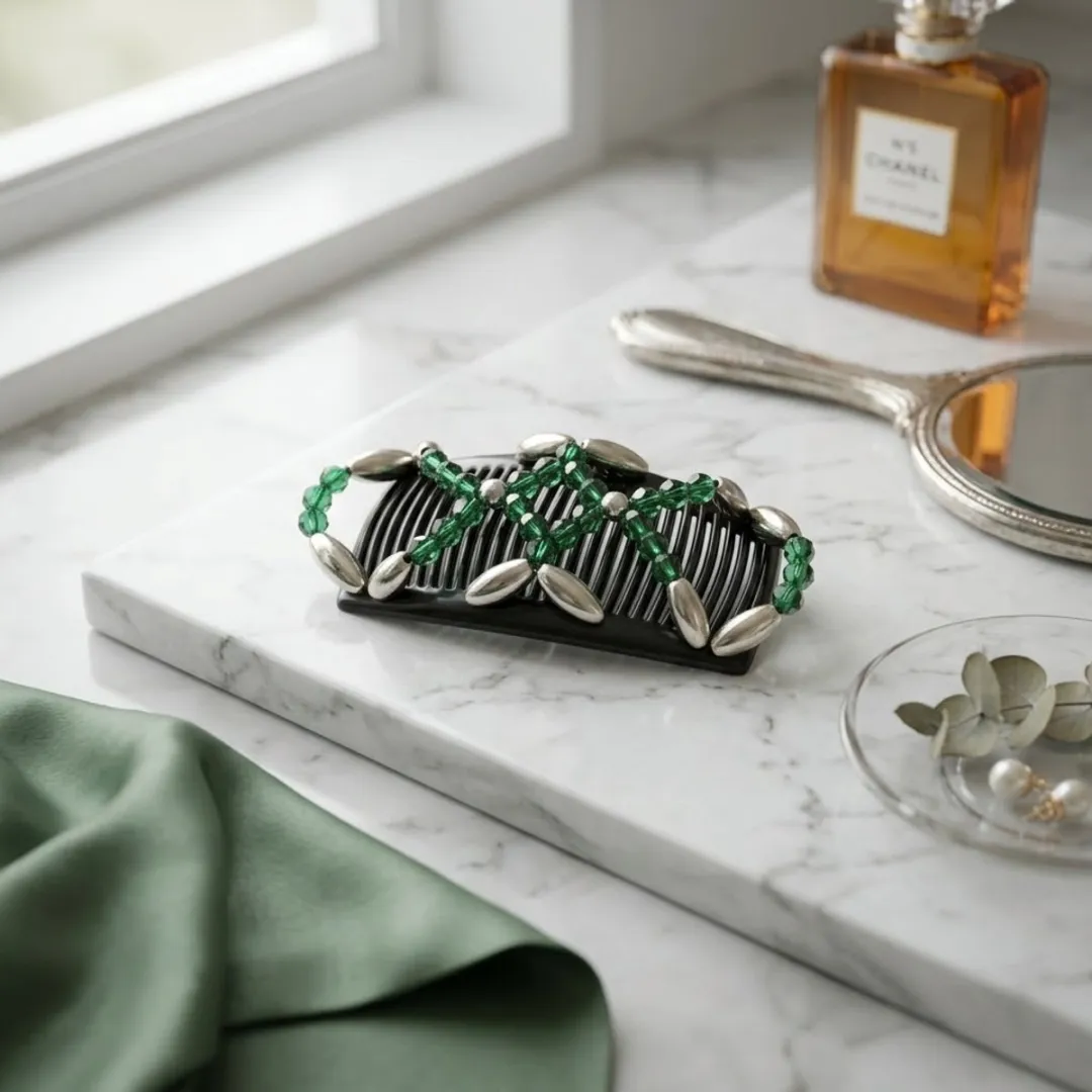 Magic hair clip – double comb – groen met zilver – elastische kralen haarclip – sterke grip – beaded hair comb – voor dik en dun haar – opsteekkapsels