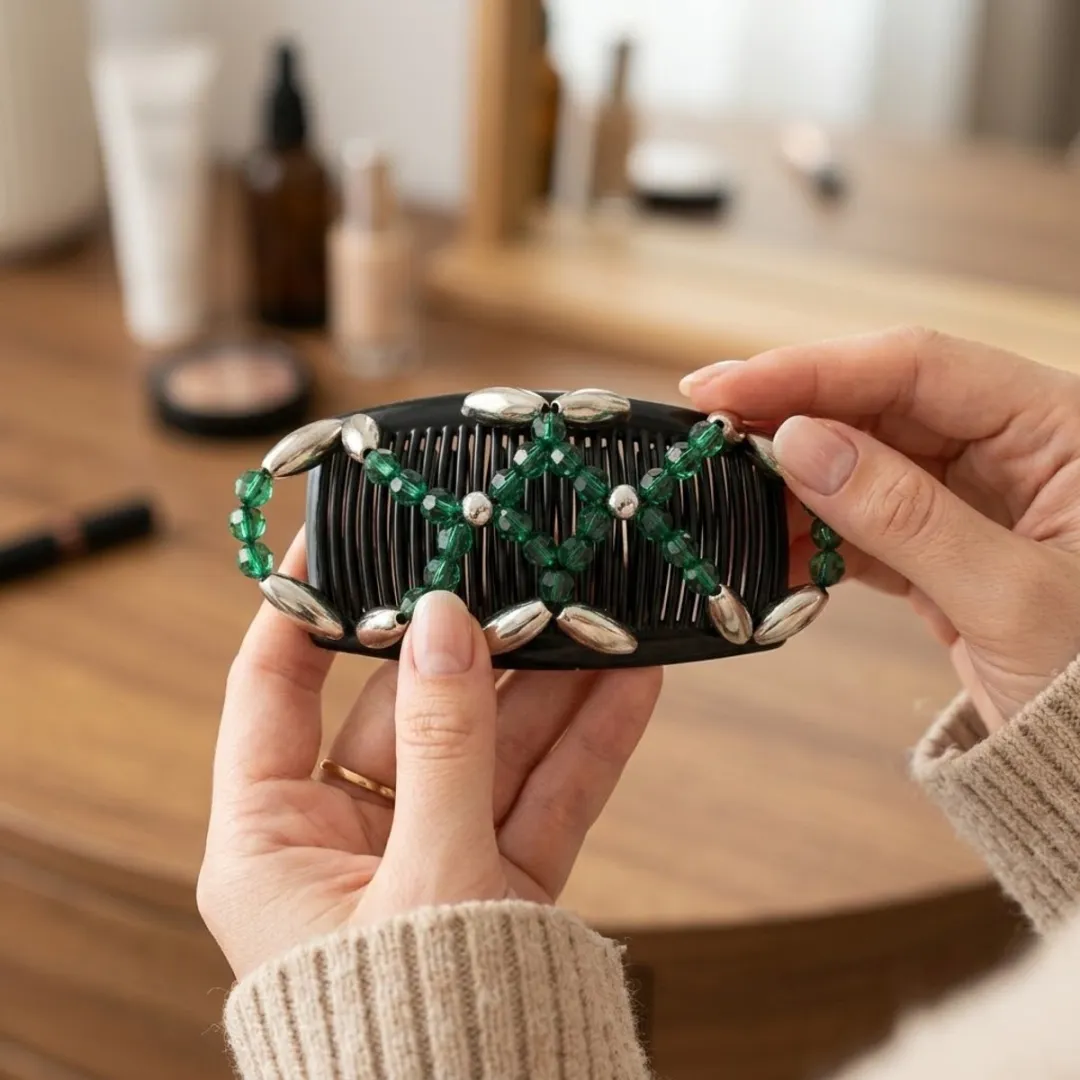 Magic hair clip – double comb – groen met zilver – elastische kralen haarclip – sterke grip – beaded hair comb – voor dik en dun haar – opsteekkapsels