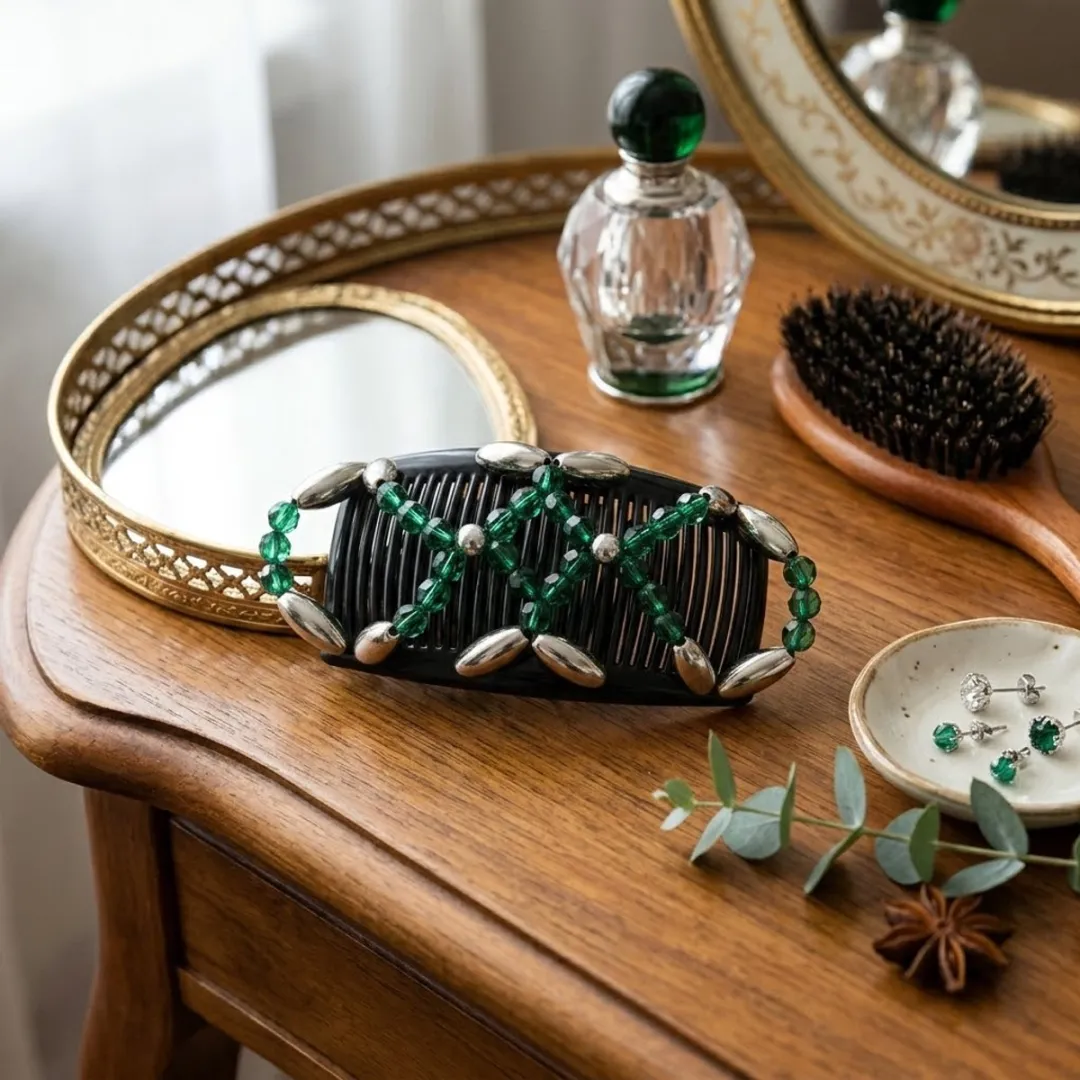 Magic hair clip – double comb – groen met zilver – elastische kralen haarclip – sterke grip – beaded hair comb – voor dik en dun haar – opsteekkapsels