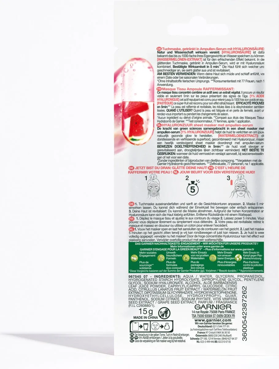 Garnier SkinActive Watermeloen Hyaluronzuur Sheet Mask 15ml - Roze