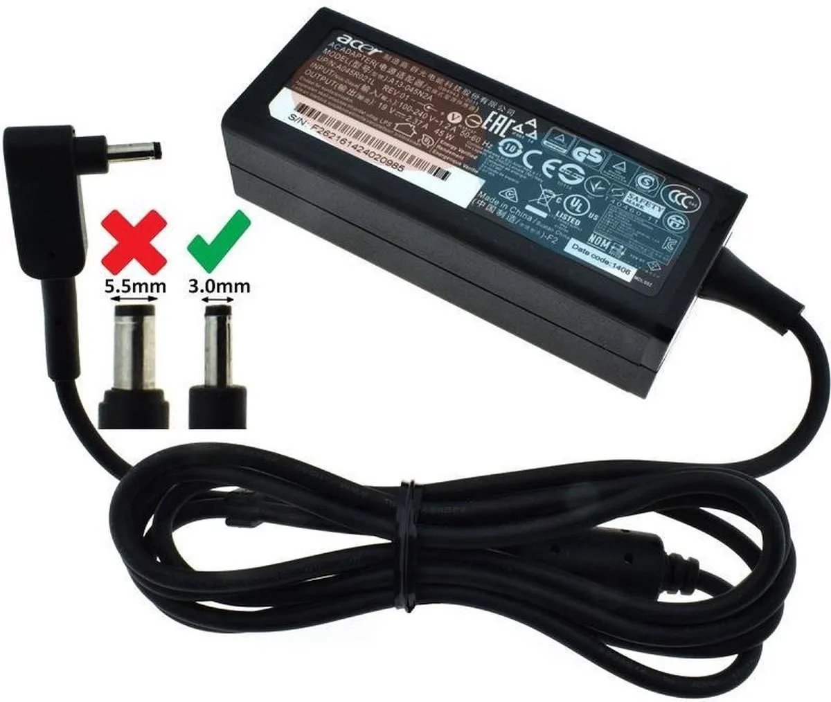 Acer NP.ADT0A.077 Oplader 45W - Zwart