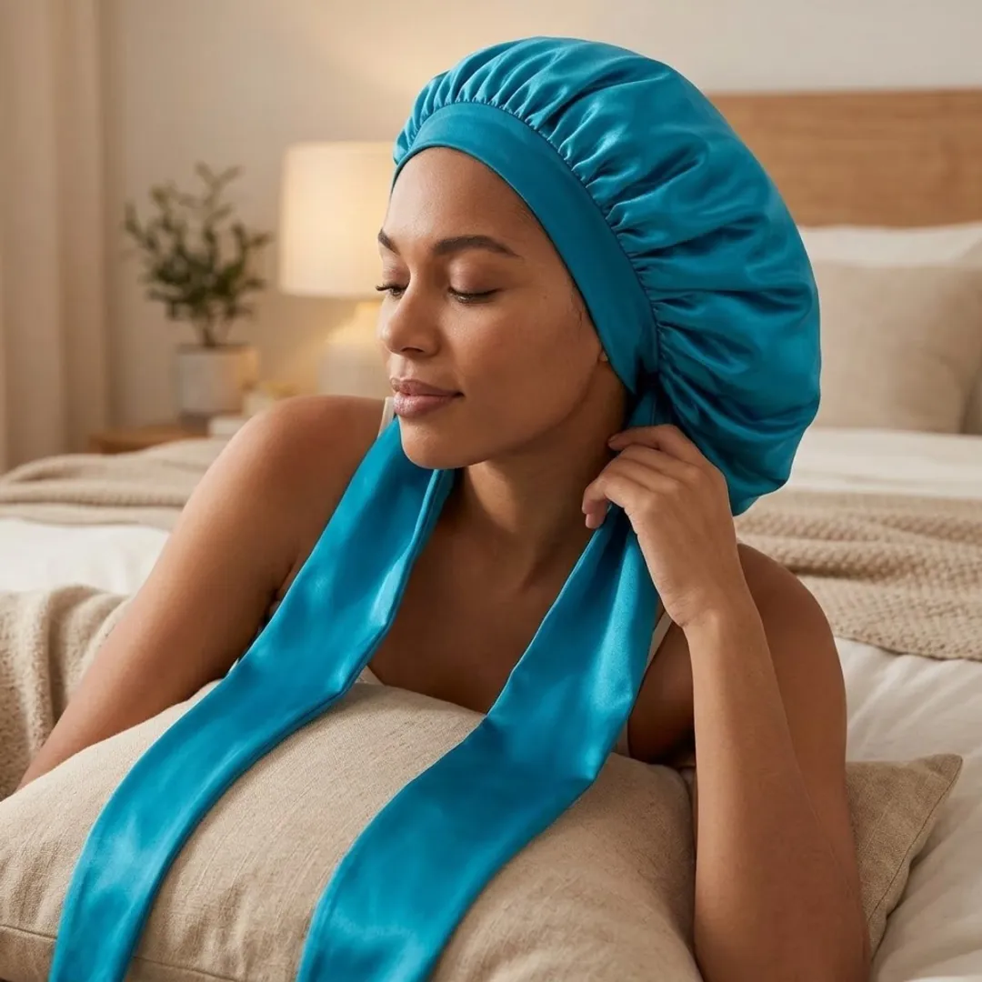 NuveX Turquoise Satin Haarbonnet - Lang Haar
