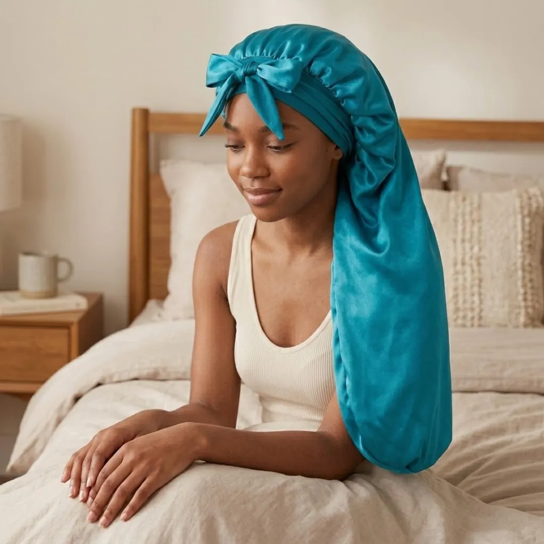 NuveX Turquoise Satin Haarbonnet - Lang Haar