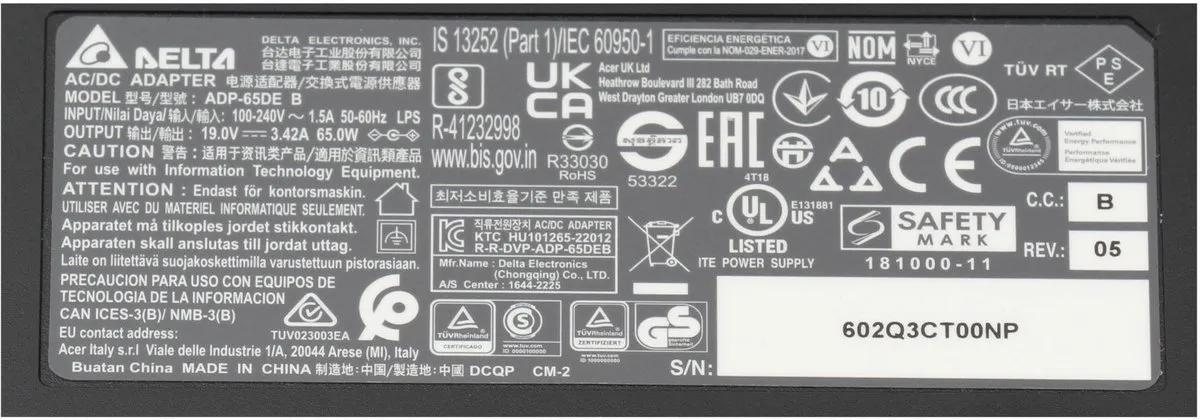 Acer 25.JE6J2.002 Oplader 65W - Zwart