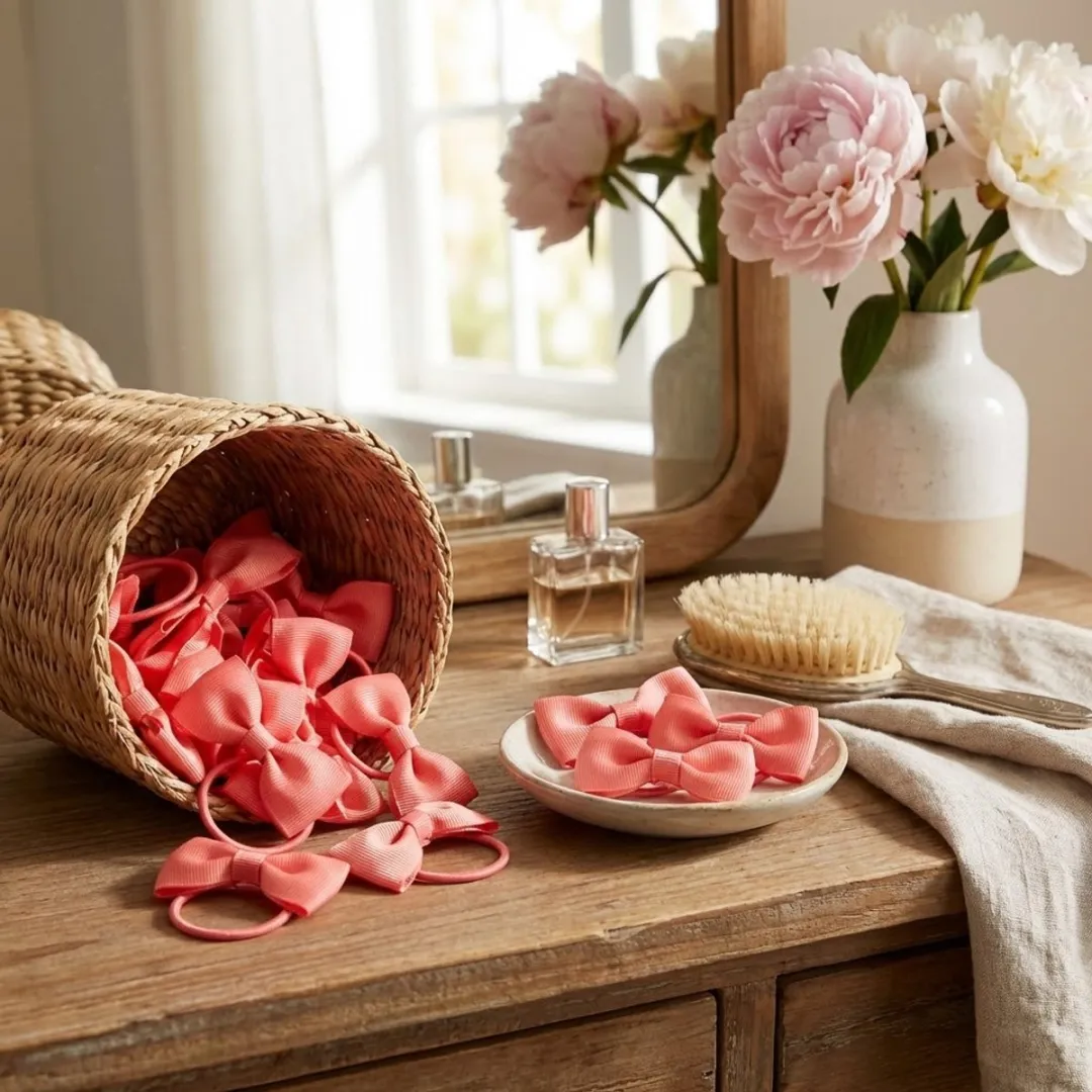 Koraal roze haar elastiekjes set – strik haarbandjes – meisjes dames – 20 stuks – elastische haar elastiek met strik – ribstof strikjes set