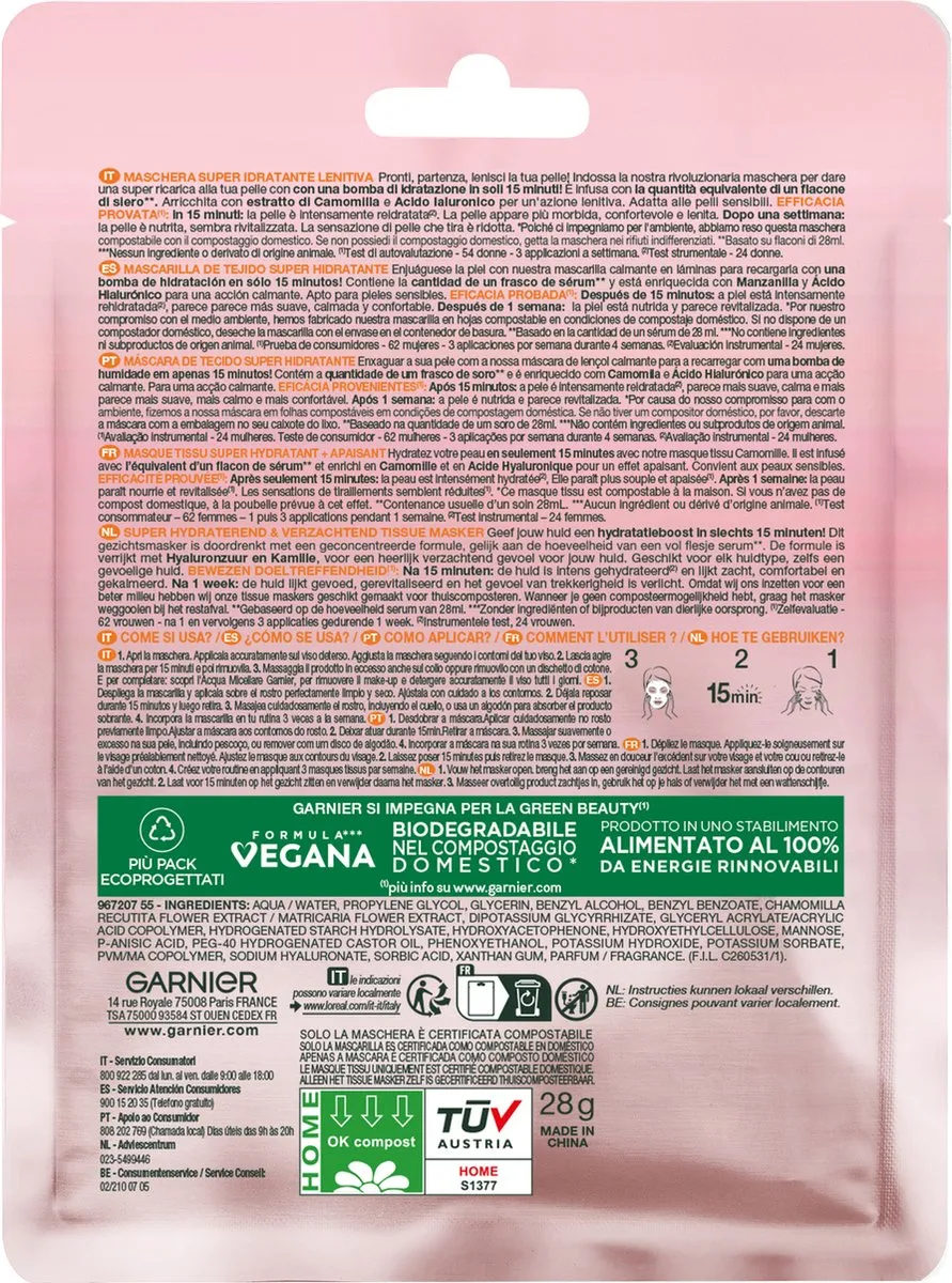Garnier SkinActive Tissue Masker Kamille Hyaluronzuur 101ml