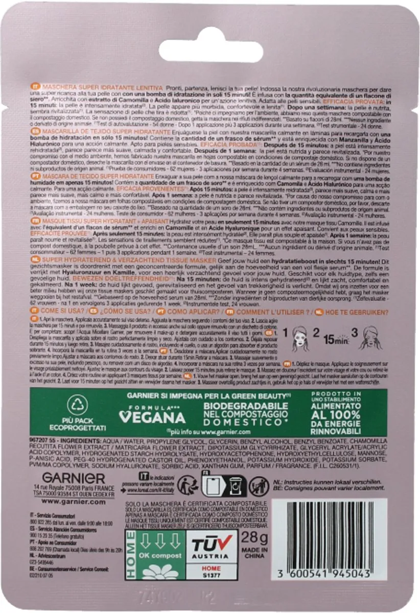 Garnier SkinActive Tissue Masker Kamille Hyaluronzuur 101ml